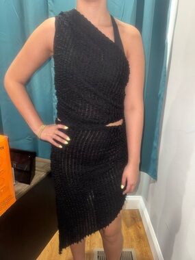 Black 2 Piece Set One Shoulder Top Skirt Asymmetrical Bodycon